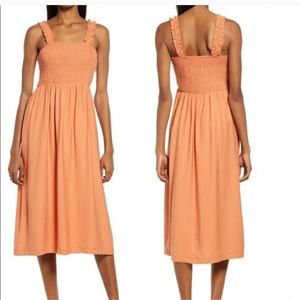 New NSR smocked orange midi ruffled straps sun dress size small